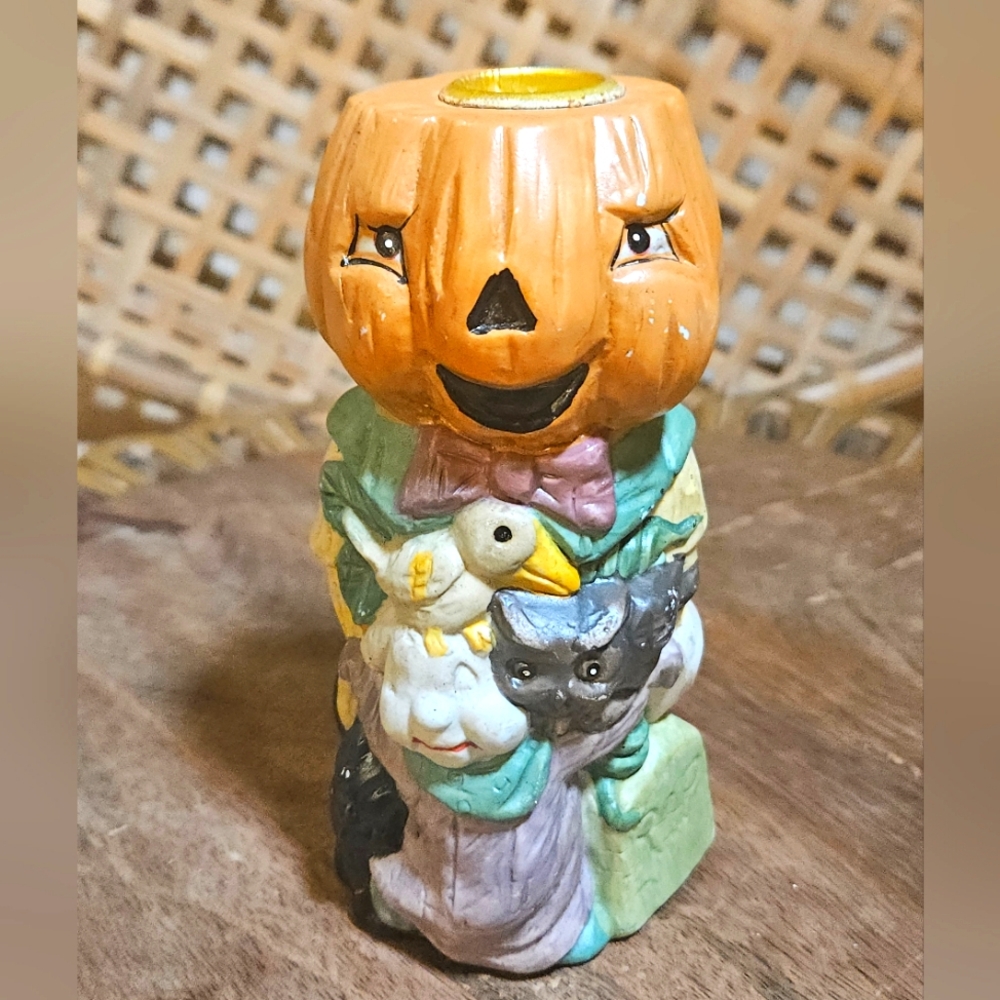 VTG Ceramic Halloween Pumpkin Witch Scarecrow Bat Black Cat Taper candle holder